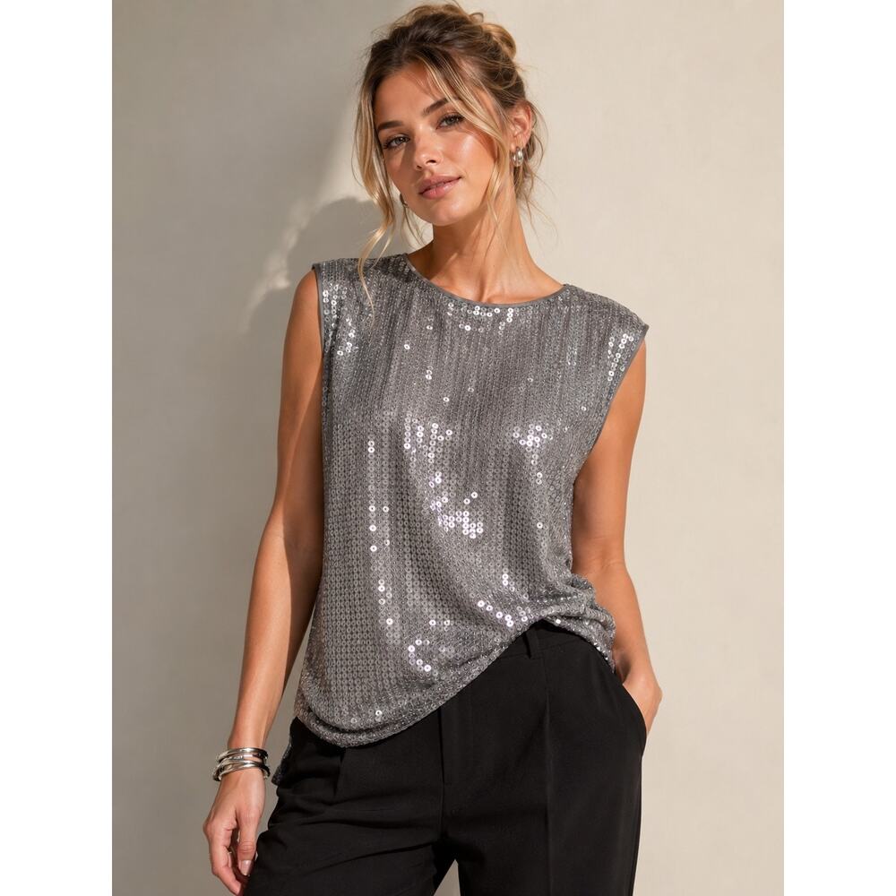 Eileen Fisher Silk Sequin Top Gray Sleeveless Minimalist Luxe Party Blouse S